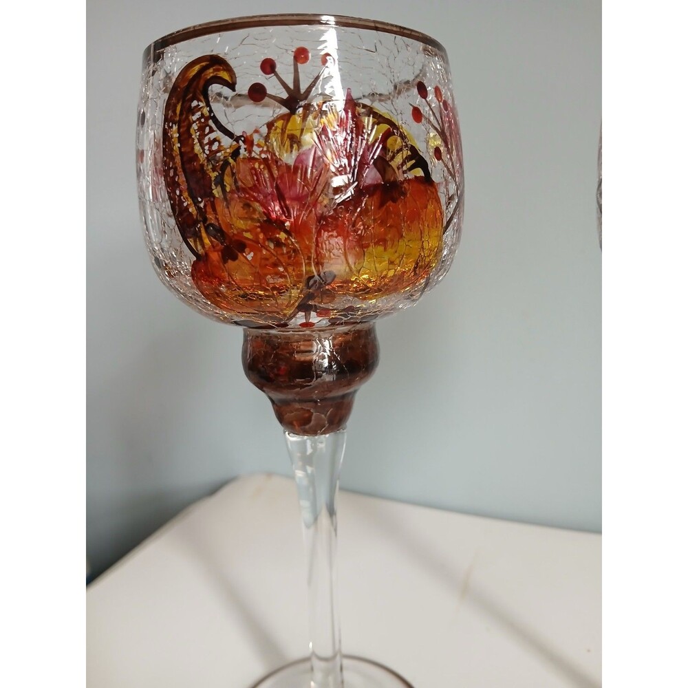 2 Fall Yankee Candle 9'' Crackle Glass Goblet Candle Holder Cornucopia Pumpkin